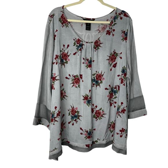 Ali Miles Gray Floral Embroidered Tunic Top Women’s 3X Romantic Roses - Picture 1 of 7